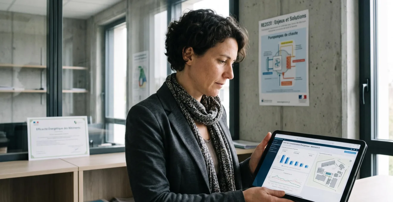 Conseillère en énergie analysant des graphiques de consommation énergétique sur tablette professionnelle, bureau d'études thermiques français