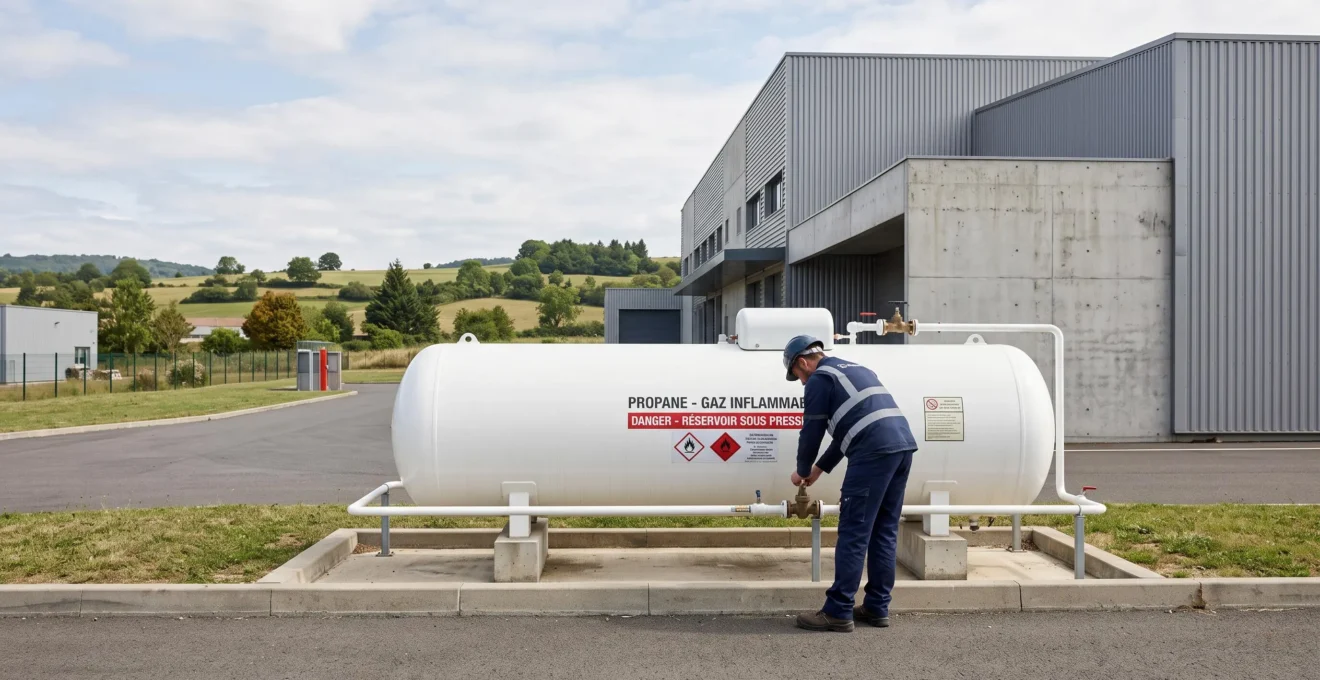 Installation de citerne de gaz propane professionnel sur site industriel français avec technicien en intervention de maintenance, architecture contemporaine en arrière-plan, environnement semi-rural