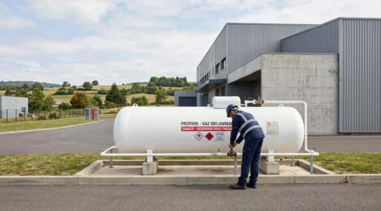 Installation de citerne de gaz propane professionnel sur site industriel français avec technicien en intervention de maintenance, architecture contemporaine en arrière-plan, environnement semi-rural