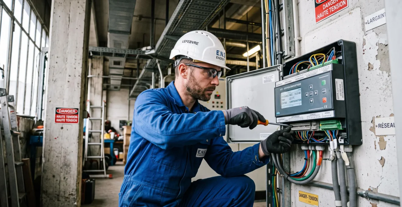 Technicien énergéticien installant un équipement de gestion multi-énergie sur site industriel français, geste technique de raccordement, vêtements de travail et casque de sécurité